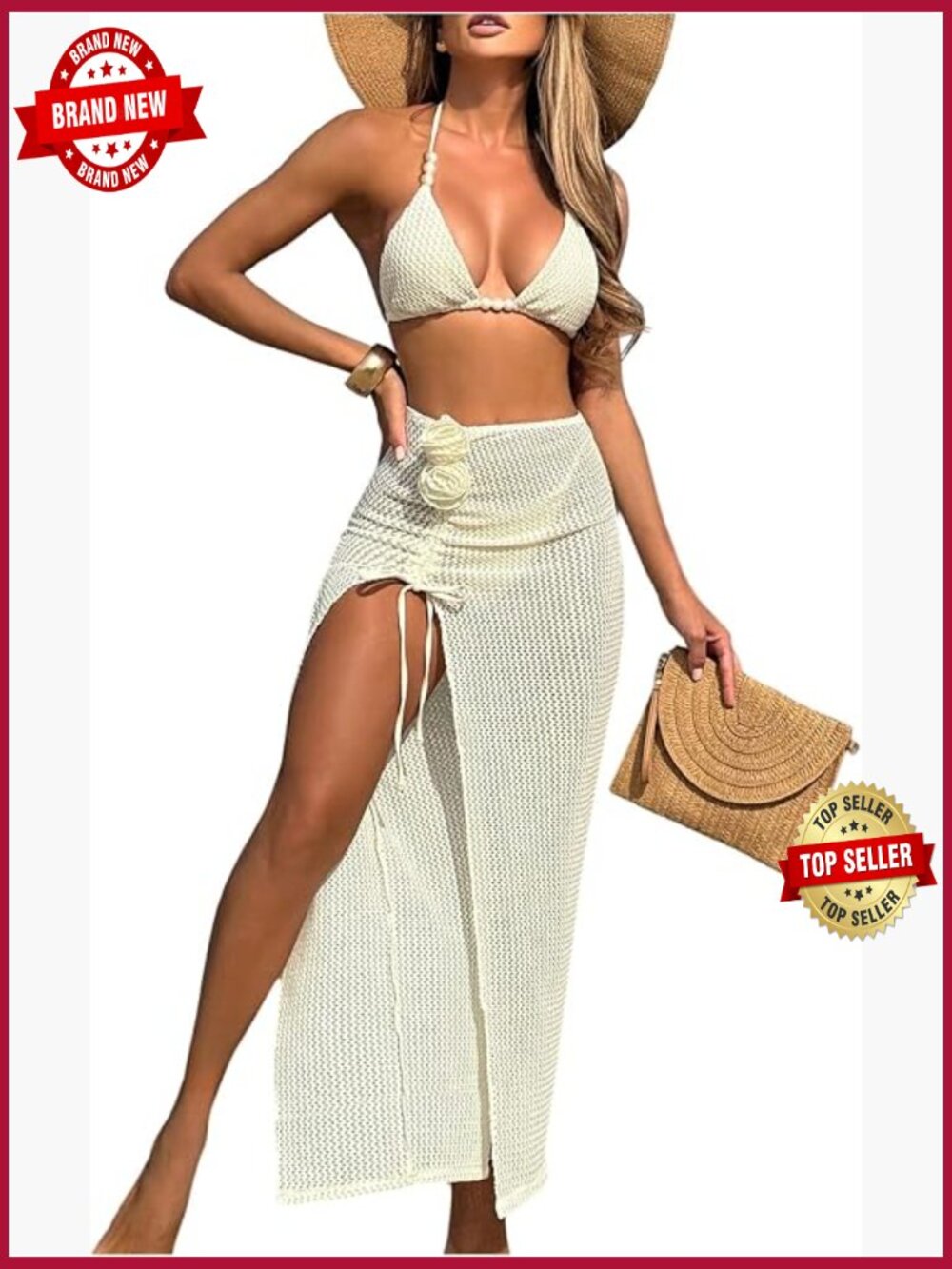 3 Piece Swimsuit Bikini Set with Maxi Skirt Cover Up